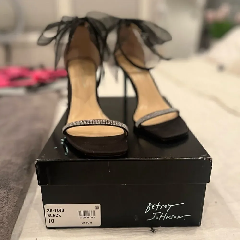 Betsy Johnson SB-Tori Black Satin Rhinestone Bow Ankle Strap